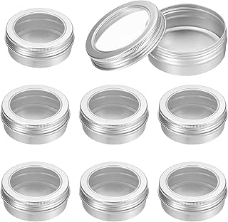 2 Oz Tin Cans, 8 Pcs Aluminum Round Tins, Travel Sized Small Metal Tins Cosmetic Sample Containers with Clear Lid for Lotion Bars Beard Balms Candles, Silver