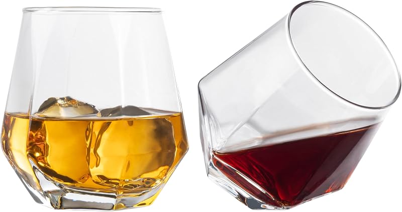 Diamond Whiskey Glasses - Stemless Wine Glass Set of 2- Geometric Tilting Design- Rolling Whiskey Glasses -Stem Less Anti Rocking Cup Diamonds Shaped Tilted Glassware Drinking Tumblers for Wiskey/Wine