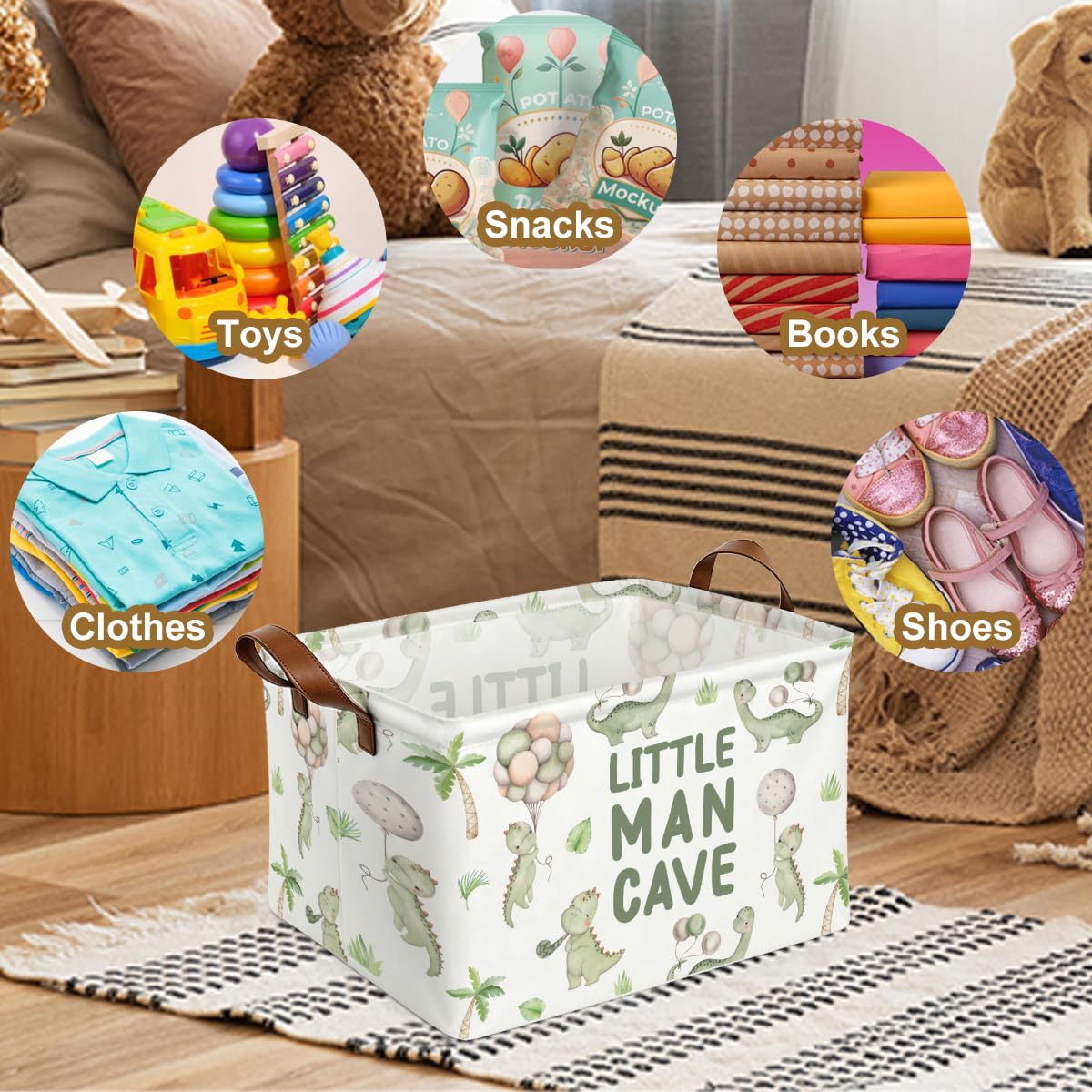 Foldable Sage Green Dinosaur Basket Boy Books Toys Storage Basket Bin for Nursery image 3