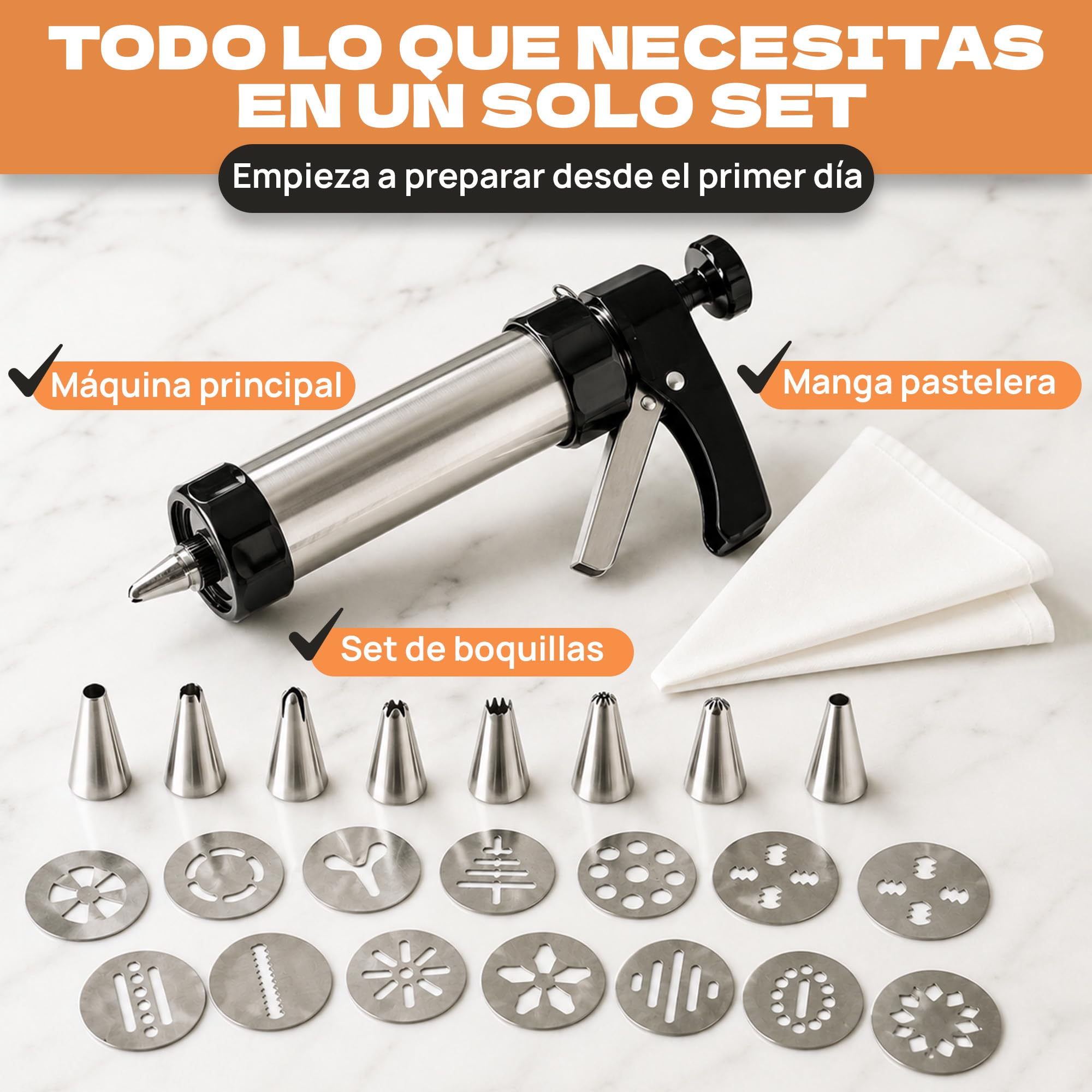 Máquina de Churros Manual y Galletera de Acero Inoxidable 304, Kit Churrera con Manga Pastelera y Accesorios para Hacer Churros, Porras y Galletas Caseras