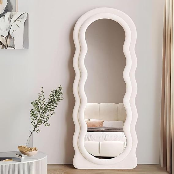 Melodieux Irregular Wavy Mirrors Full Length 160x60cm Arch Free Standing Floor Mirrors for Bedroom Living room Ivory Flannel Wrapped Wooden Frame Decorative Wall Mirror