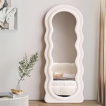 Melodieux Irregular Wavy Mirrors Full Length 160x60cm Arch Free Standing Floor Mirrors for Bedroom Living room Ivory Flannel Wrapped Wooden Frame Decorative Wall Mirror