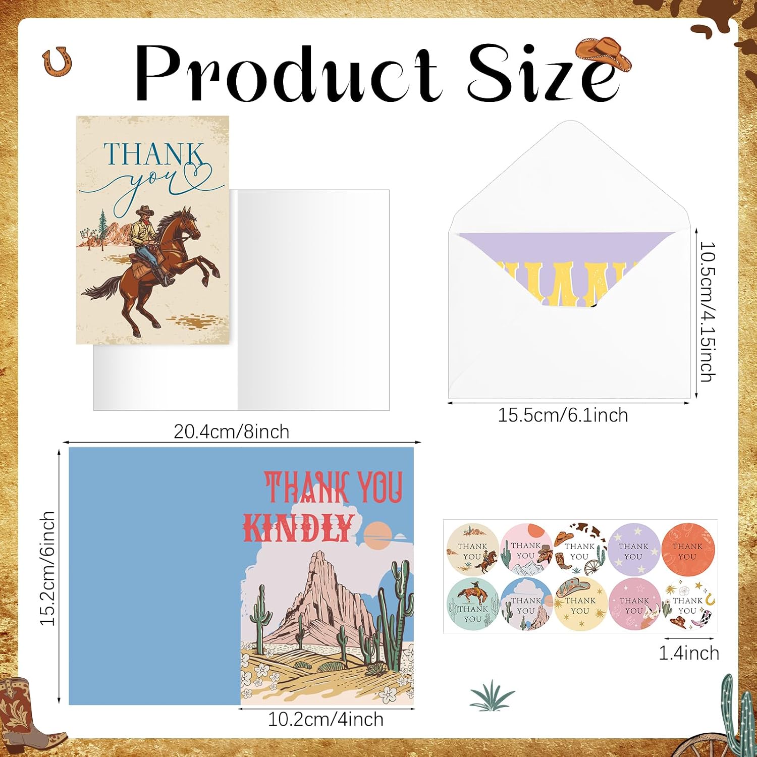 100 Pack Western Cowboy Thank You Cards Assorted Blank Appreciation Greeting Note Cards with Envelopes Stickers for Teachers, Coworkers, Thanksgiving, Christmas, Birthday, Bridal Gifts