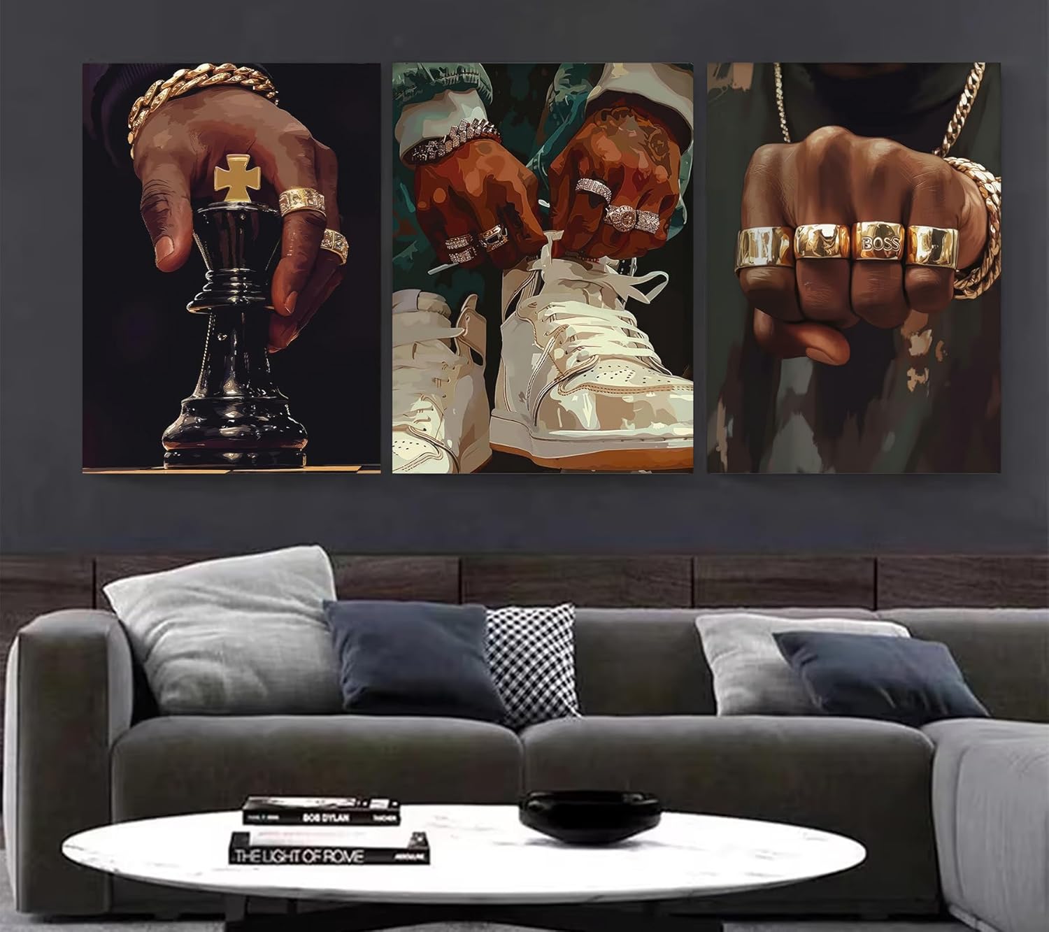 3Pcs Fashion Black Man Canvas Wall Art Luxury American Painting Black Men Pictures Wall Decor Hip Hop Aesthetics Poster Prints Artwork for Bedroom living Room Home Decoration 12x16in framed