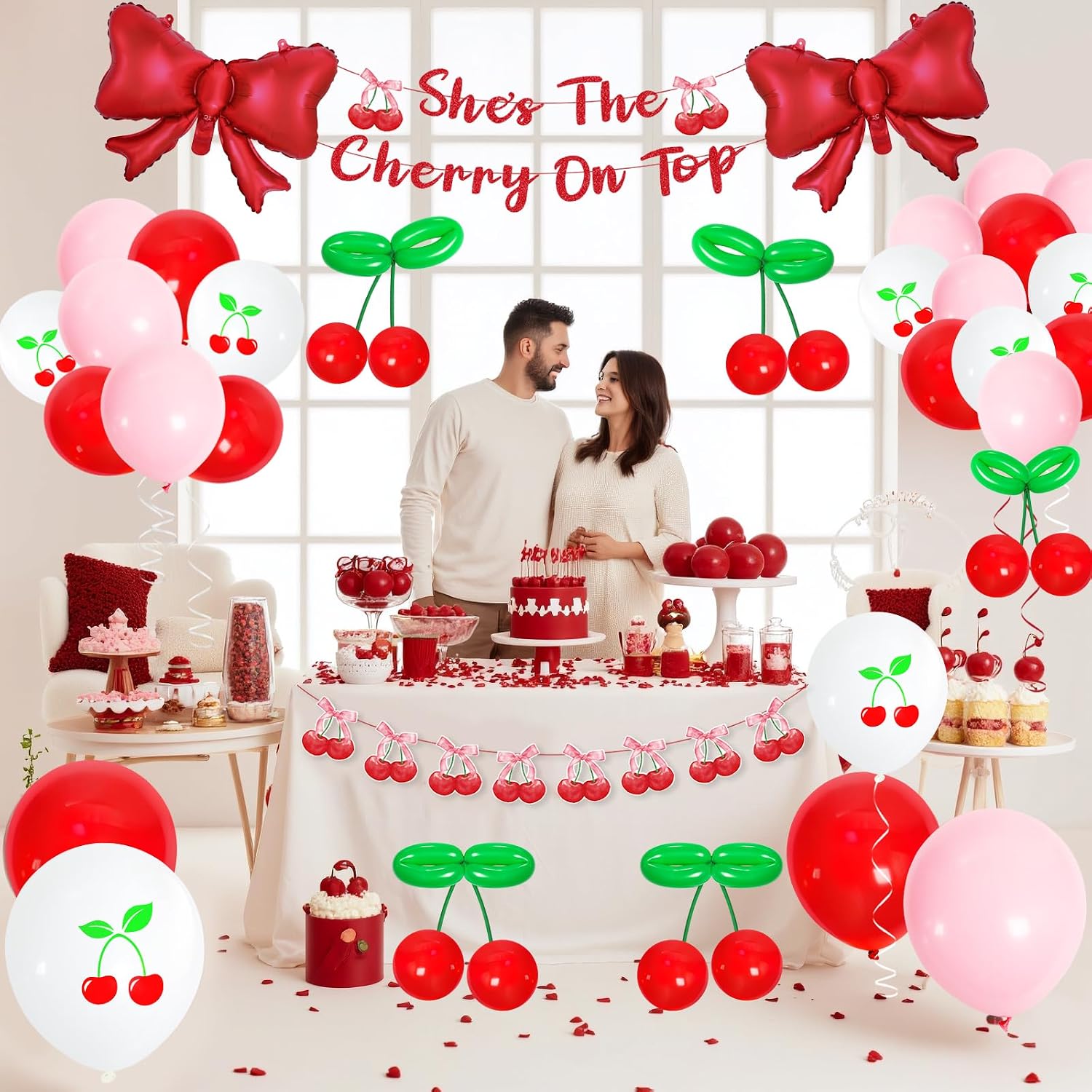 Cherry Party Decorations She's The Cherry On Top Theme Banner Decorations with Cute Cherry Balloons, Red Bow Foil Balloons, Party Supplies for Baby Shower Summer Party Wedding Bridal Shower image 3