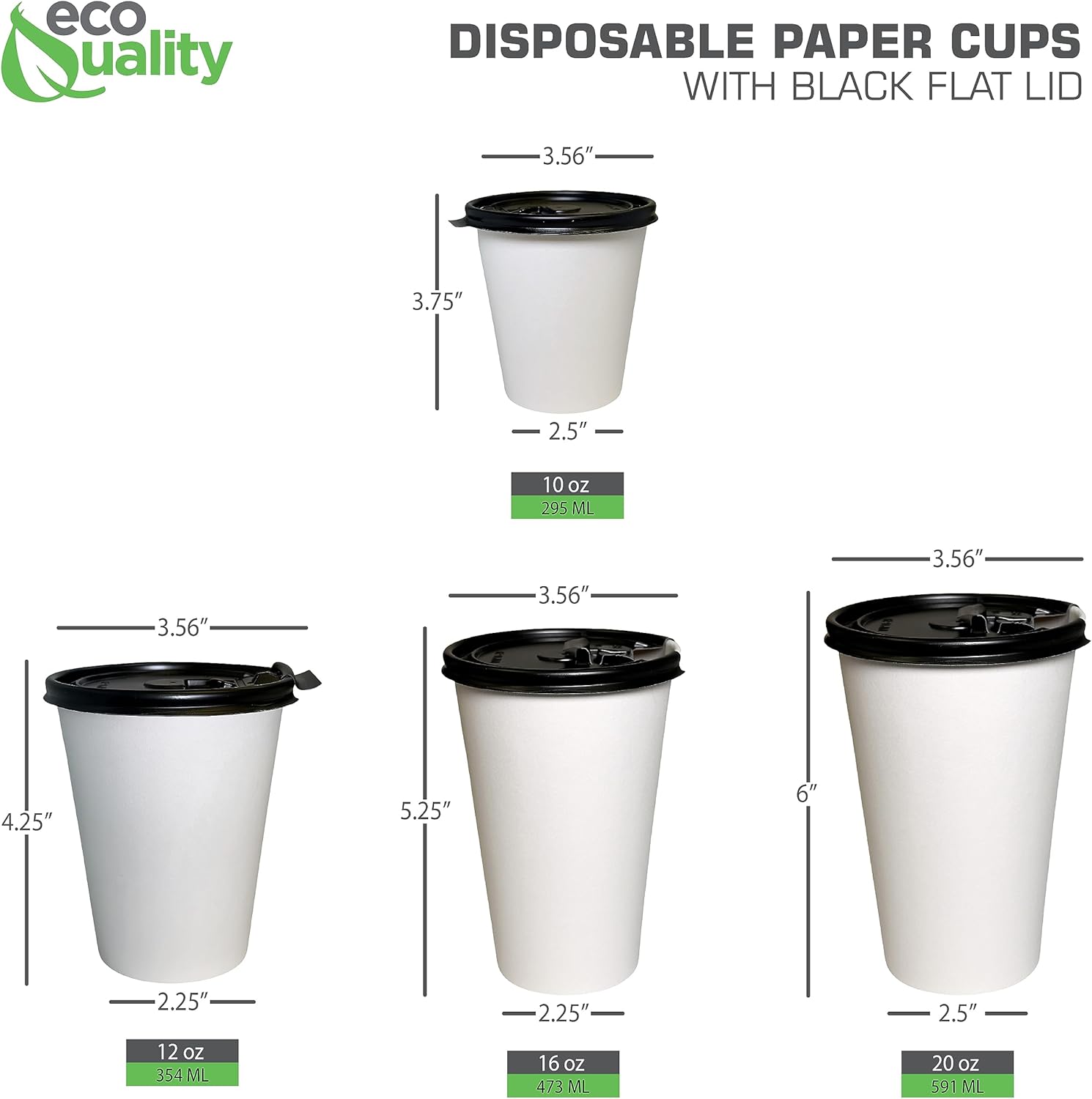 12 oz Disposable White Paper Coffee Cups with Black Flat Lids, Recyclable Hot/Cold Beverage Paper Drinking Cups with Lids for Tea, Water, Coffee, Travel, Picnic, Breakroom, Office (150 PACK)