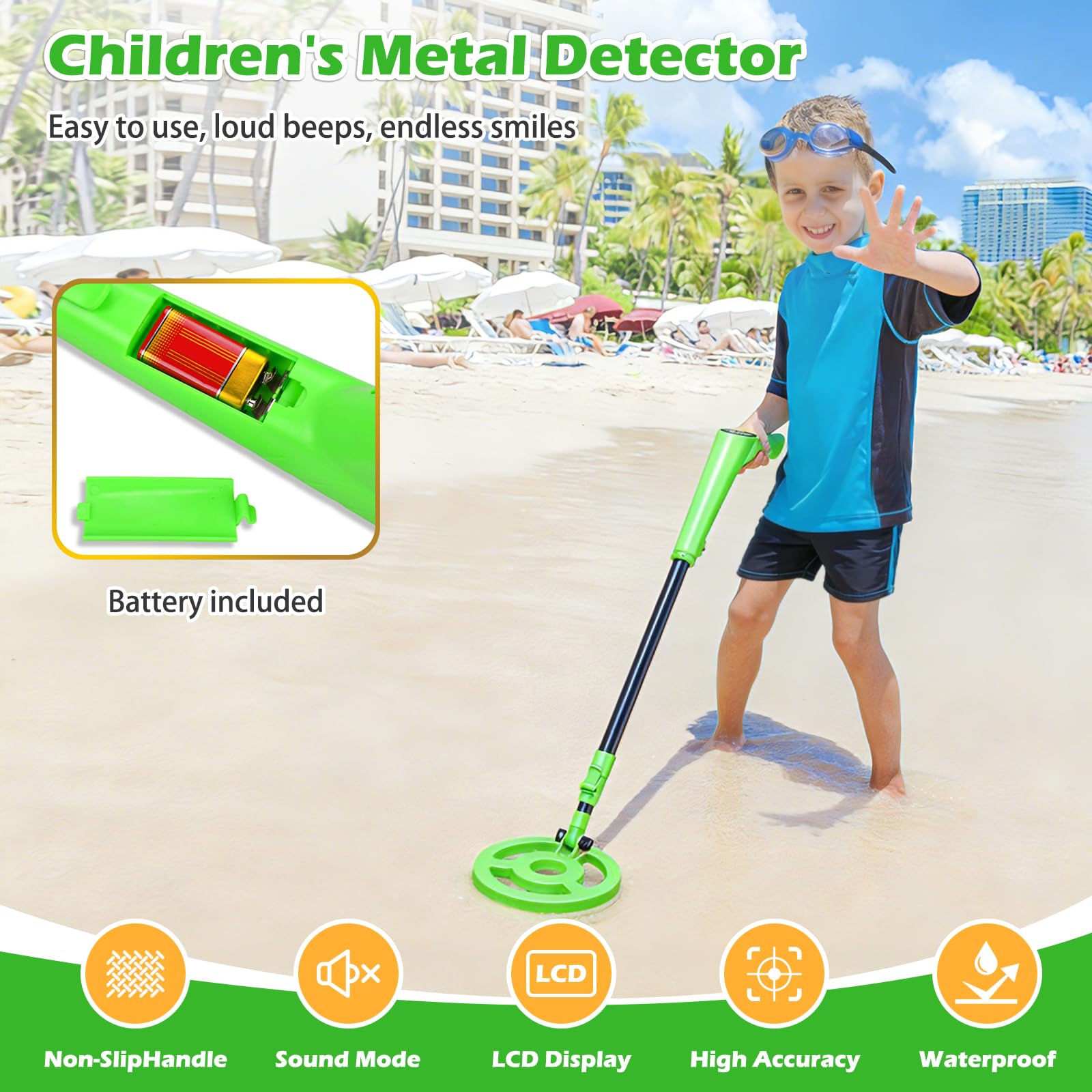 Detector de metales para niños, Detectores de metales de alta precisión con pantalla LCD, detector de metales ligero para niños con mango ajustable, bobina de búsqueda de 6 '' impermeable para