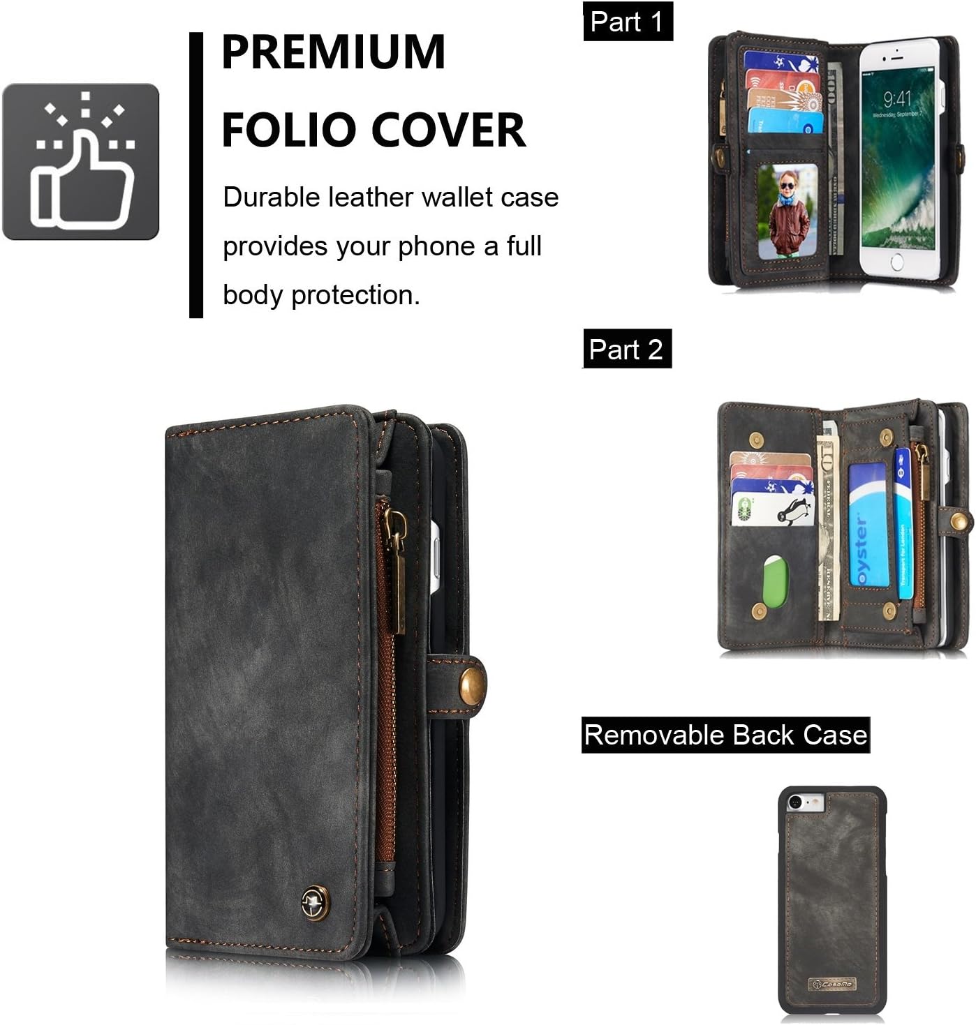 MOONORN iPhone 7 Plus/iPhone 8 Plus Wallet Case - Detachable Leather Phone Wallet Magnetic Flip Case Shockproof Cell Phone Case with Credit Card Slots (Black)