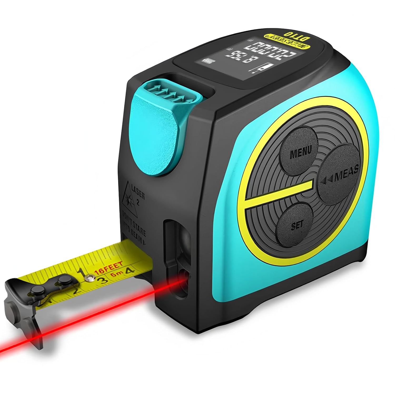 FeelTech DT10 2-in-1 Digital Laser Tape Measure with laser beam active and tape extended