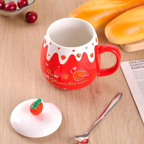 Miniatura 3 de WHJY Taza de café femenina, taza de desayuno de cerámica coreana de fresa con tapa y cuchara - 15.2 fl oz15oz, rojo B