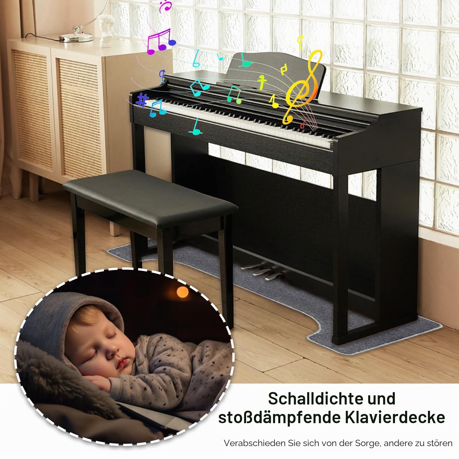 Aisny Klavierteppich, Schallschutz Teppich 160 x 70 cm Klavier Matte rutschfest Matte Klavier Teppich Klavier Bodenschutzmatte Antivibrationsmatte für Schalldämmung, Grau