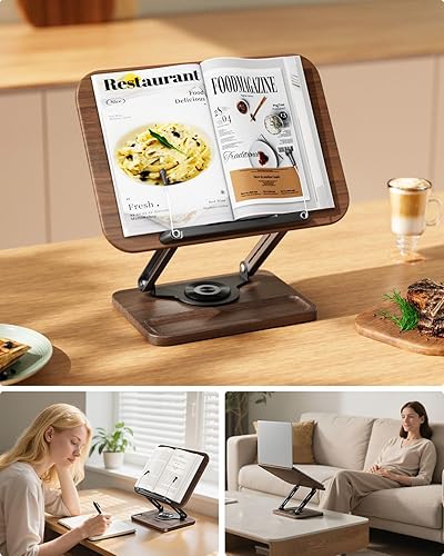 Miniatura 4 de Viozon Soporte para libros para lectura, base giratoria de 360° con ranura para bolígrafo, soporte de exhibición de lectura plegable con clips