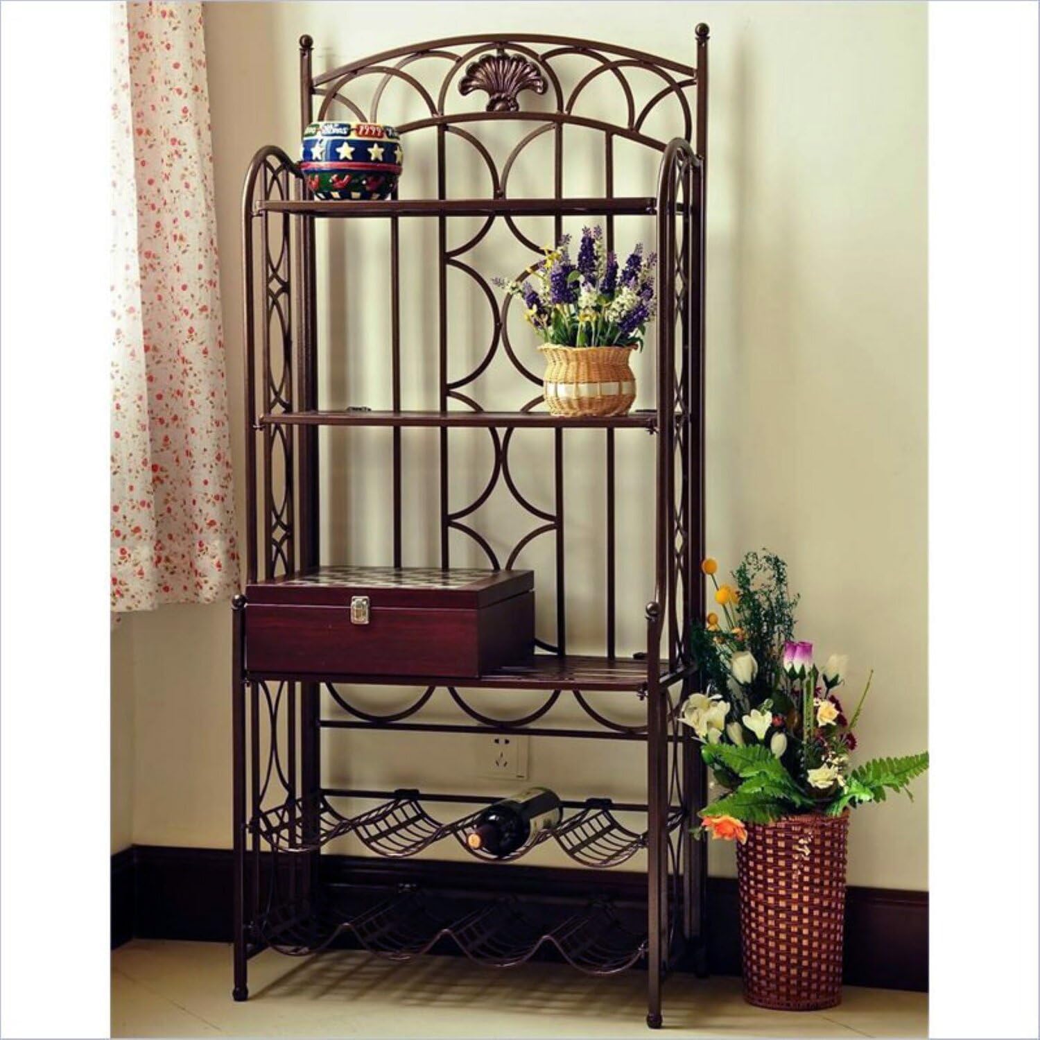 Pemberly Row Iron Bakers Wine Rack, Antique Black Finish, 59" H x 26" W x 14" D, Folding Design with 3 Display Shelves, 8 Bottle Storage, Indoor/Outdoor Use, Water Resistant for Kitchen, Patio,