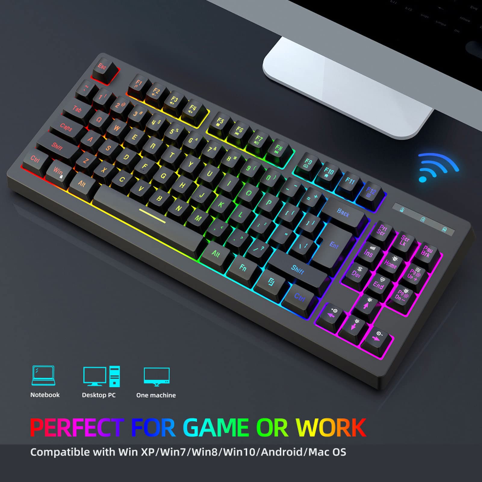 Tastiera Wireless 2.4G a 87 Tasti, Tastiera Retroilluminata Rgb, Funzione di Blocco Del Supporto, Design Del Film, Interfaccia USB 2.0, Velocità di Report 1000, per Win8, Win10, Android, OS X(Nero)