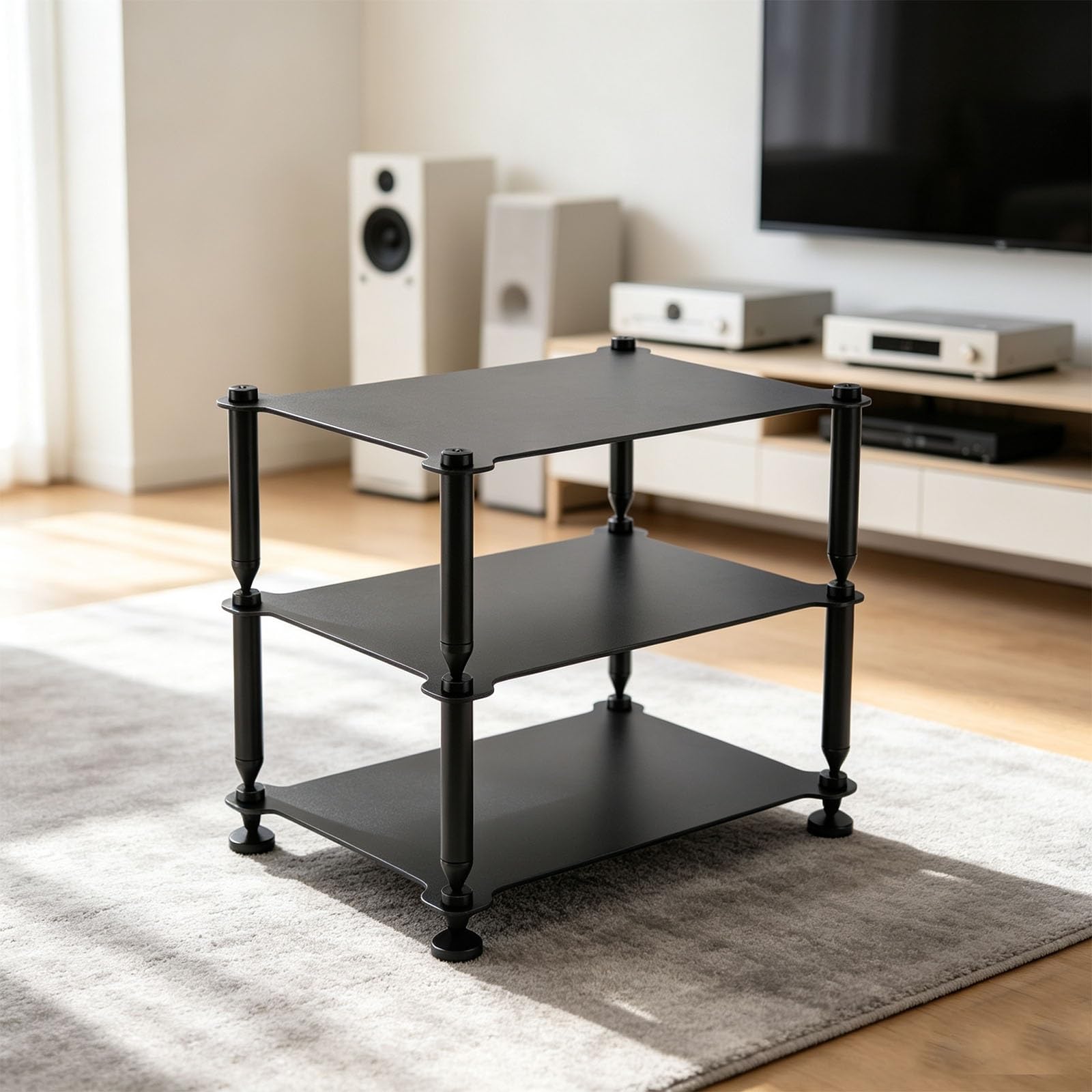 HiFi-Rack, dreistöckiges offenes teilbares Audio-Geräterack aus Vollaluminium mit stoßdämpfenden Füßen für Wohnzimmer und Büro