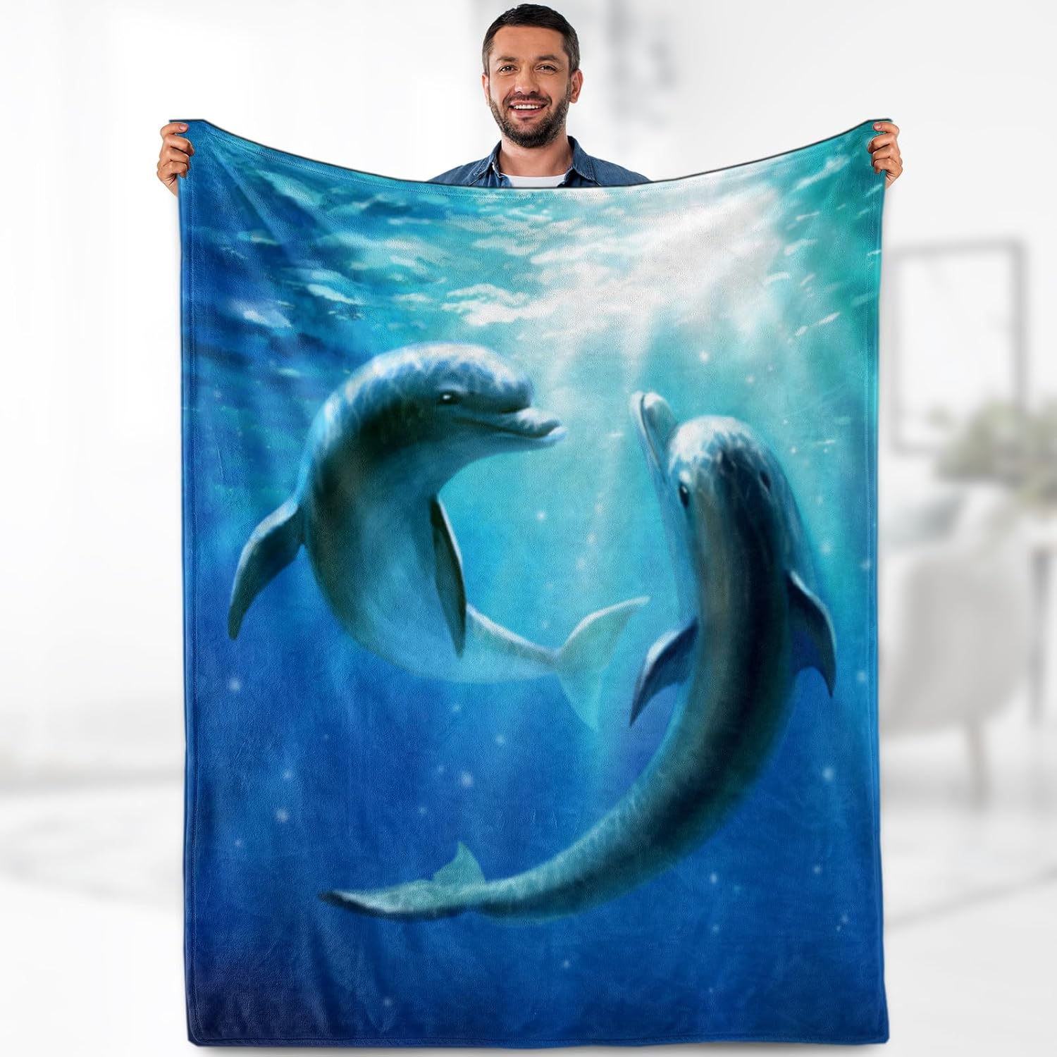 Dolphin Blanket Gifts for Kids Adults- Ocean Sea Animal Lover Throw Soft Warm Lightweight Fleece Cozy Fuzzy Blankets for Women Girls Men Boys Birthday Christmas Bedroom Living Room Bed Decor 50"x60"