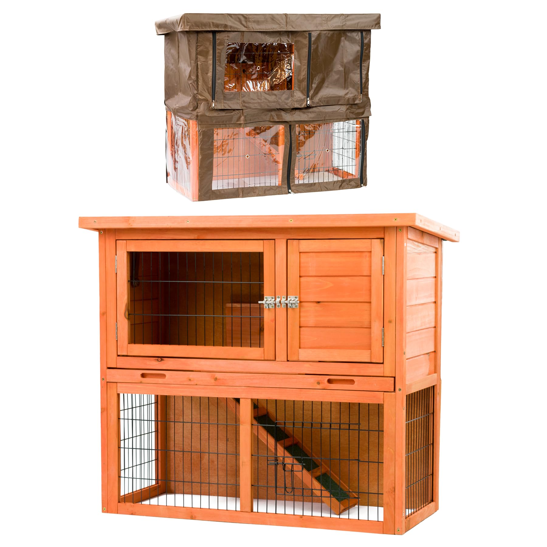 KCT Monza 3ft Wooden Two Level Rabbit Hutch with Run and Weatherproof Protective Cover Double Pet Home