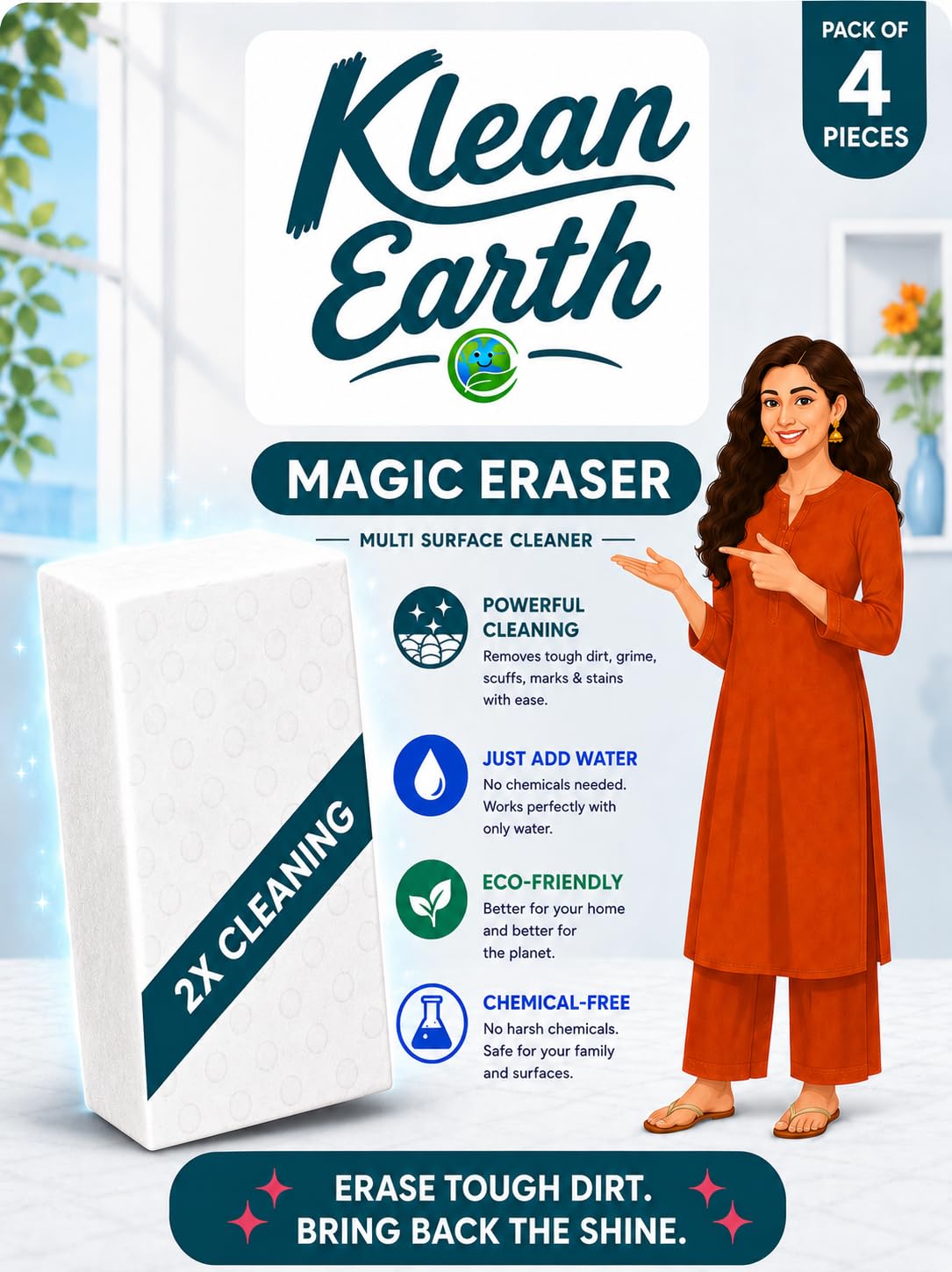magic eraser | pack of 4 | no scratch multi-surface cleaning sponge | removes 100+ tough stains | just add water | walls, kitchen, bathroom, shoes & switch boards