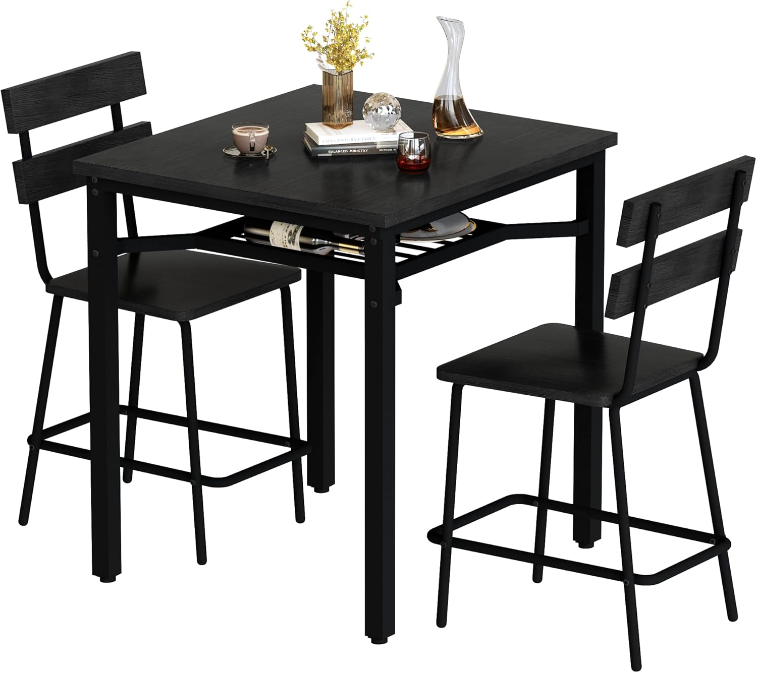 Hooseng 3 Piece Bar Table and Chairs Set, Counter Height Small Dining Table with 2 Bar Stools, Farmhouse Square Kitchen Table with Storage for Bistro, Pub, Small Space