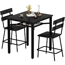 Hooseng 3 Piece Bar Table and Chairs Set, Counter Height Small Dining Table with 2 Bar Stools, Farmhouse Square Kitchen Table with Storage for Bistro, Pub, Small Space