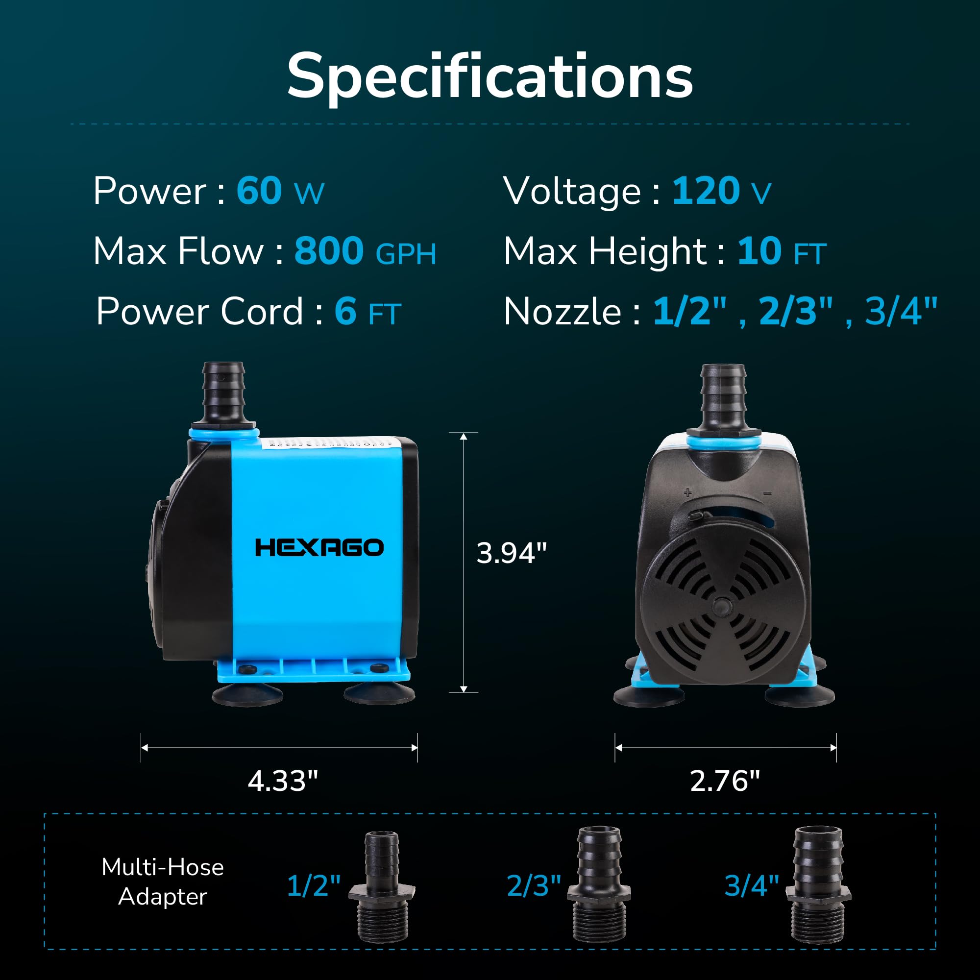 Hexago Bomba sumergible 800 GPH silenciosa de 3 m de altura con cable de 1,8 m, 3 boquillas, duradera para acuarios y fuentes