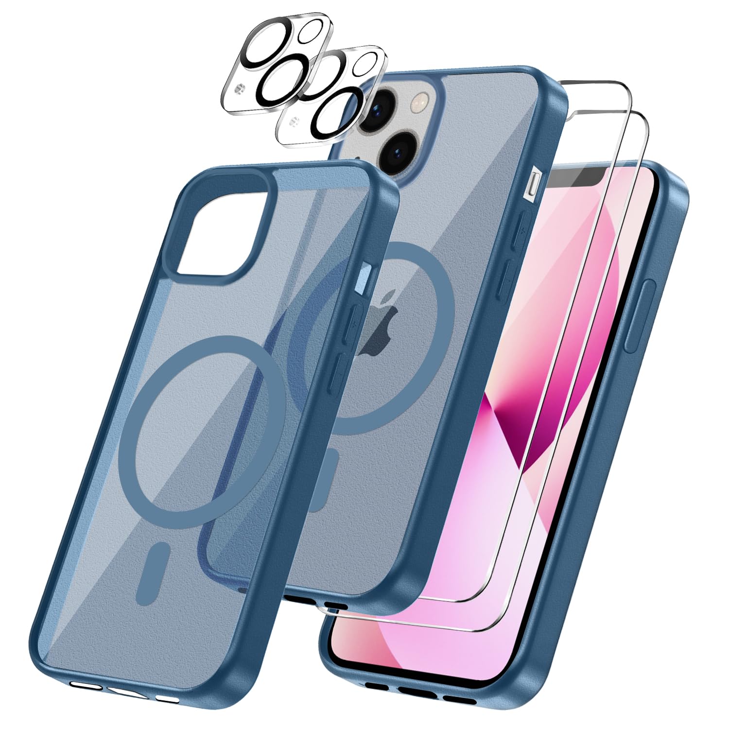 Cover per iPhone 13 Compatibile con 2 vetri temperati e 2 vetri per fotocamera, Translucent Matte Slim Back PC+TPU Bumper Shockproof Compatible Magnetic Cover per iPhone 13 - Blu Zaffiro