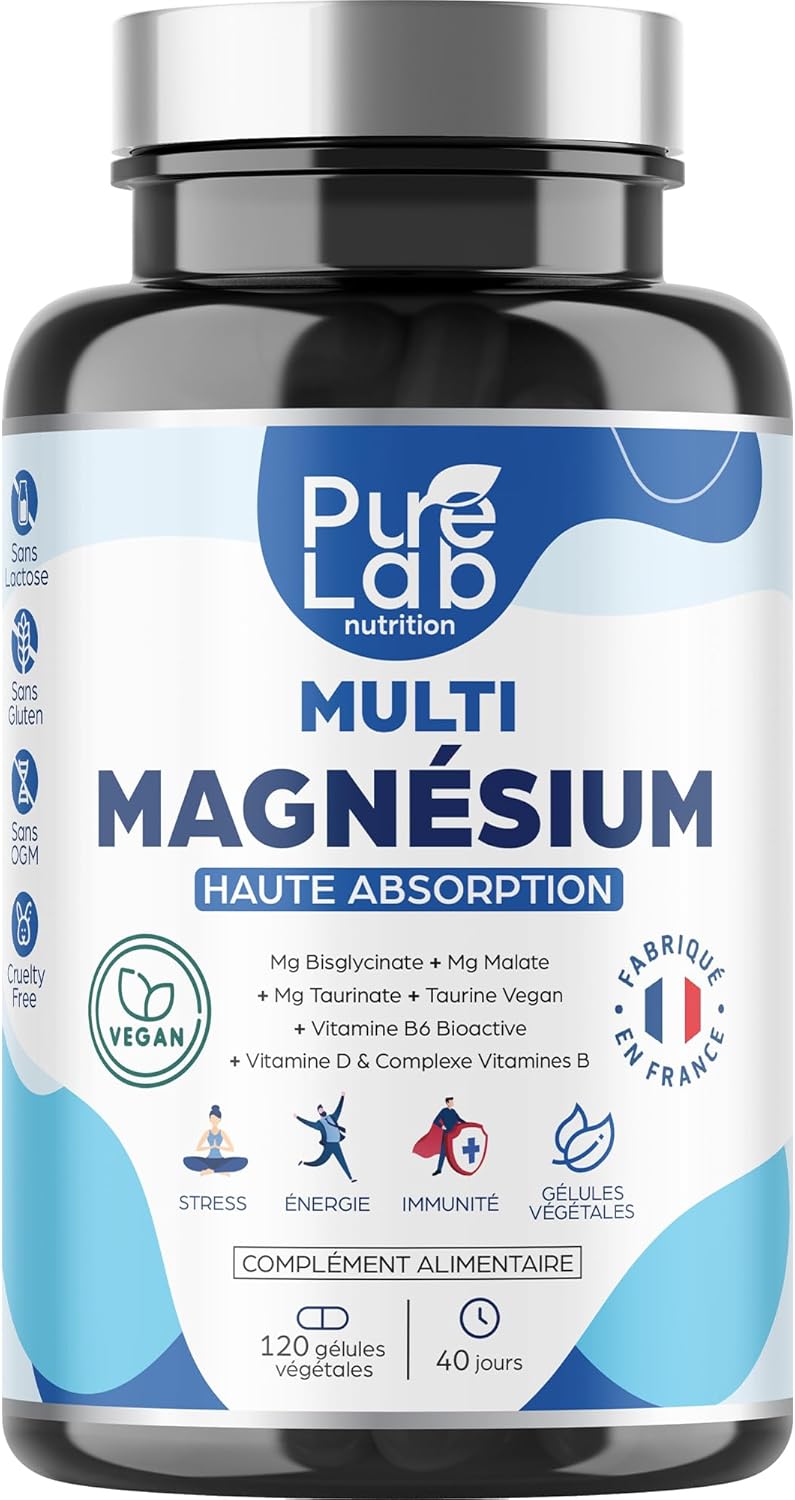 Multi Magnesium – Bisglycinate, Taurinate, Malate + Vegan Taurine + Bioactive Vitamins B6, D, B-Complex – Fatigue & Stress – High Absorption – 120 Vegan Capsules, 40 Day Cure – Pure Lab Nutrition®