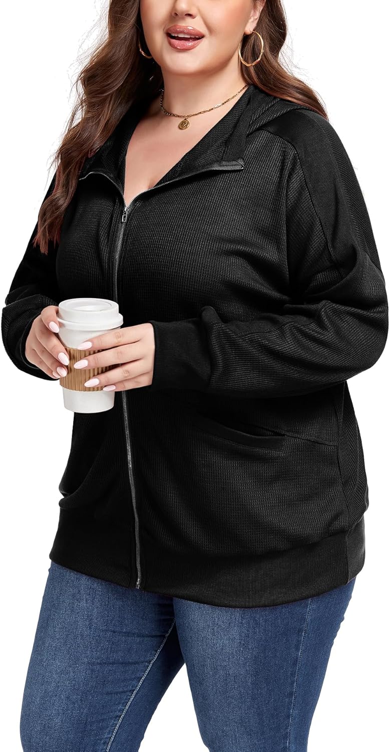 Womens Plus Size Hoodies Long Sleeve Zip Up Sweatshirt Lightweight Waffle Knit Jacket Outwear - Image 3