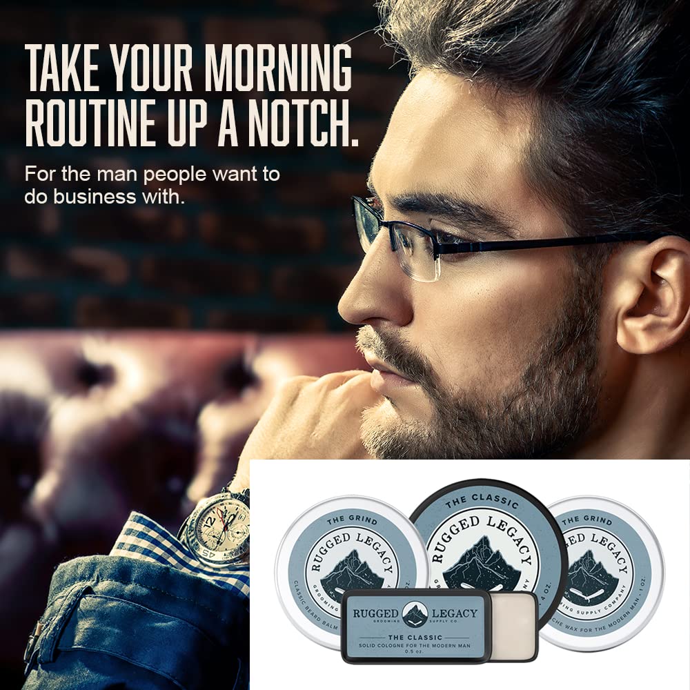 Rugged Legacy Mustache Wax Kit - The Businessman Men's Grooming Kit: The Grind Mustache Wax | The Grind Beard Balm | The Classic Solid Cologne | The Classic Hair Pomade - Mens Beard and Mustache Care