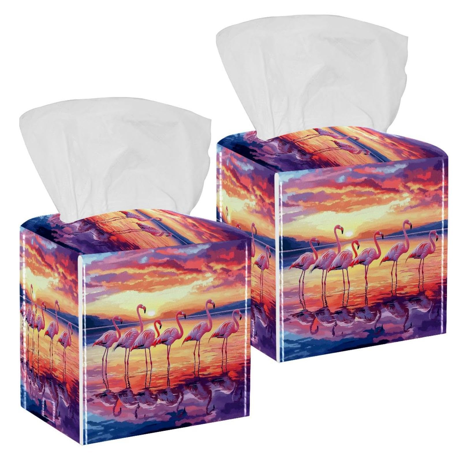 Flamingo Sunset Tissue Box Cover, 2 Pack PU Leather Square Facial Tissue Dispenser Box holder for Home Office Car