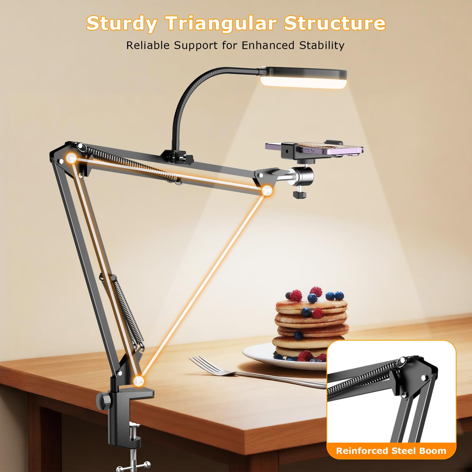Overhead Camera Mount with Ring Light, Flexible Articulating Phone Arm Stand Compatible with iPhone, Logitech Webcam, Desk Tripod for YouTube Live Stream Cooking Nail Video Recording — Amazon image 8