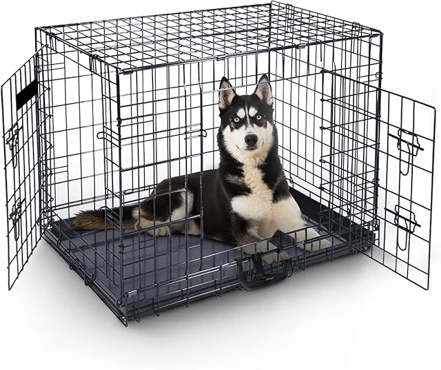 48in Dog Cage Crate  Pet Black Metal Folding Cage with 2 Doors (Front & Side) with Chew Resistant Plastic Base Tray and Carrier Handle  Heavy Duty Box Perfect for Puppy Training (XXL)