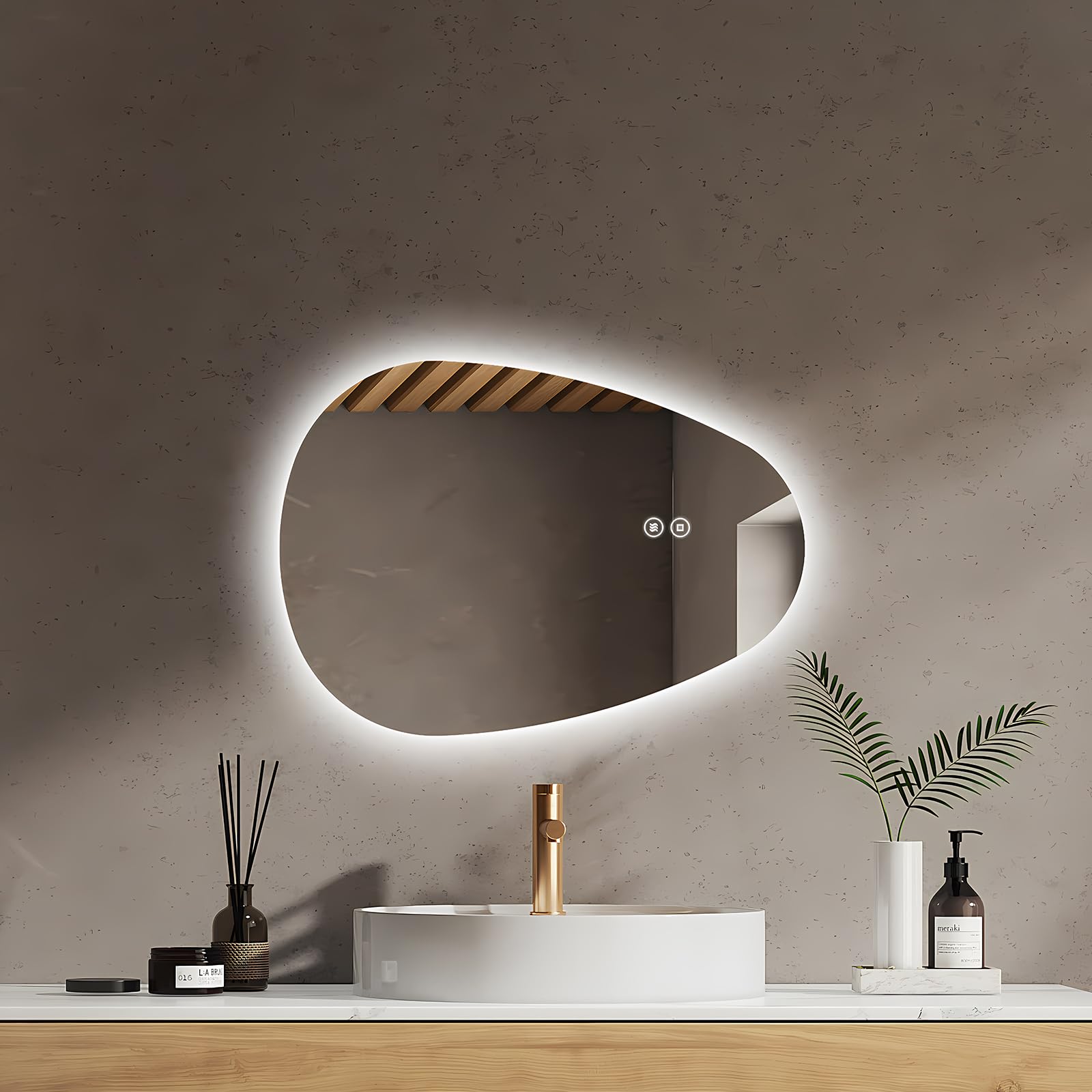 EMKE - Espejo de baño con iluminación, 60 x 45 cm, Espejo LED asimétrico, Interruptor táctil, 3 Colores de luz Ajustable, Espejo antivaho