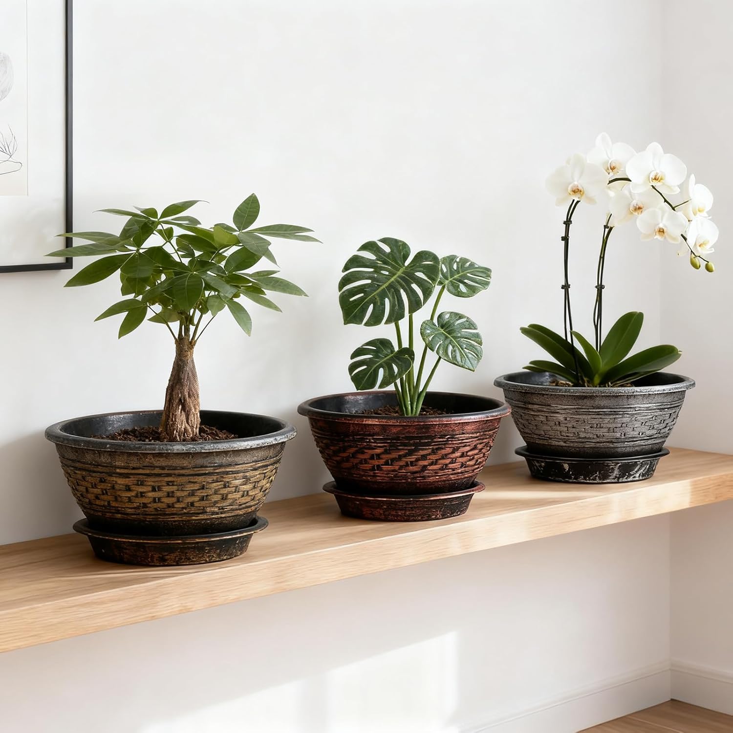 NIKONIKO 12 Inch Plant Pots, 6-Pack Plastic Woven Look Ripples Planters with Drain Holes & Trays, Retro Design Flower Pots for Indoor and Outdoor Plants