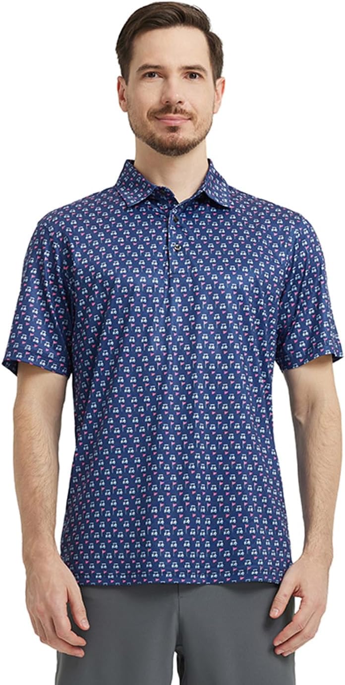 Men' s Golf Shirts Short Sleeve Print Performance Moisture Wicking Dry Fit Golf Polo Shirts for Men
