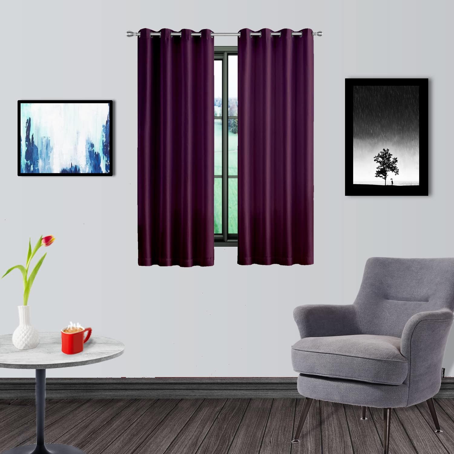 Divine CasaSemi Blackout Grommet Curtain for Living Room Hall Guest Rooms 5 Feet Long Window 2 Pcs (Purple)