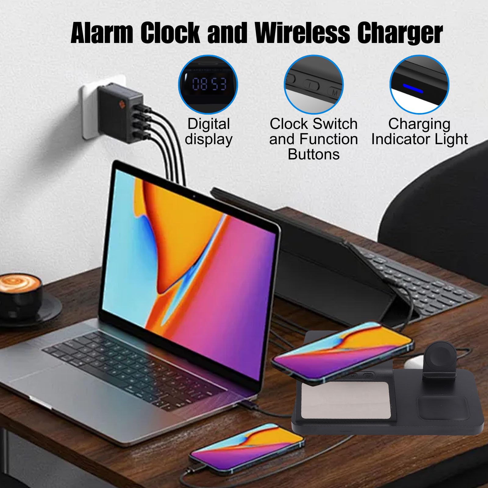 Caricabatterie Wireless Stazione di Ricarica Induttiva 3 in 1 Sveglia per Telefoni Cellulari Smartwatch Cuffie, Caricabatterie Wireless Compatibile con Potenza in Uscita 15W