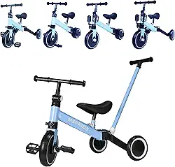 Triciclo Infantil 4 em 1, Bicicleta de Equilíbrio Conversível, Andador com Assento Ajustável, Disponível em Amarelo, Branco e Vermelho (AZUL)