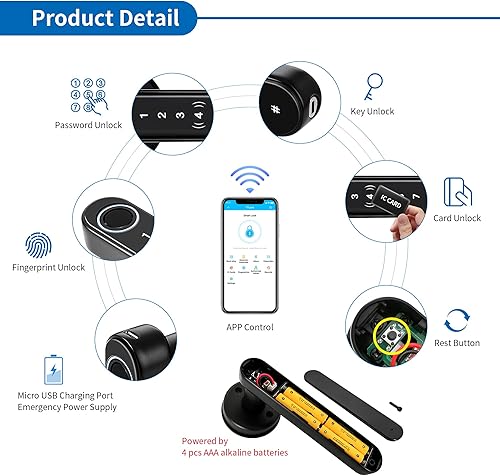 Miniatura 2 de CATCHFACE cerradura inteligente para puerta, cierre y apertura con huella dactilar/app TTlock/código/llave, con wifi, manija biométrica para puerta