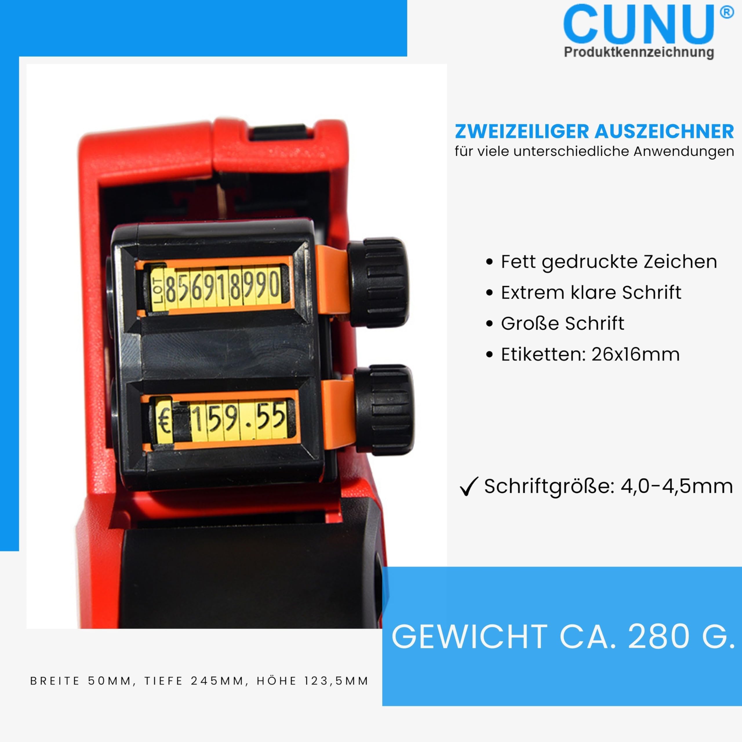 Auszeichner 2-zeilig für mindestens haltbar bis und Chargennummer - MHD Handauszeichner zweizeilig - Etikettierer für 26x16mm, 25x16mm Etiketten - Auszeichnungsgerät für Datum und Nummern