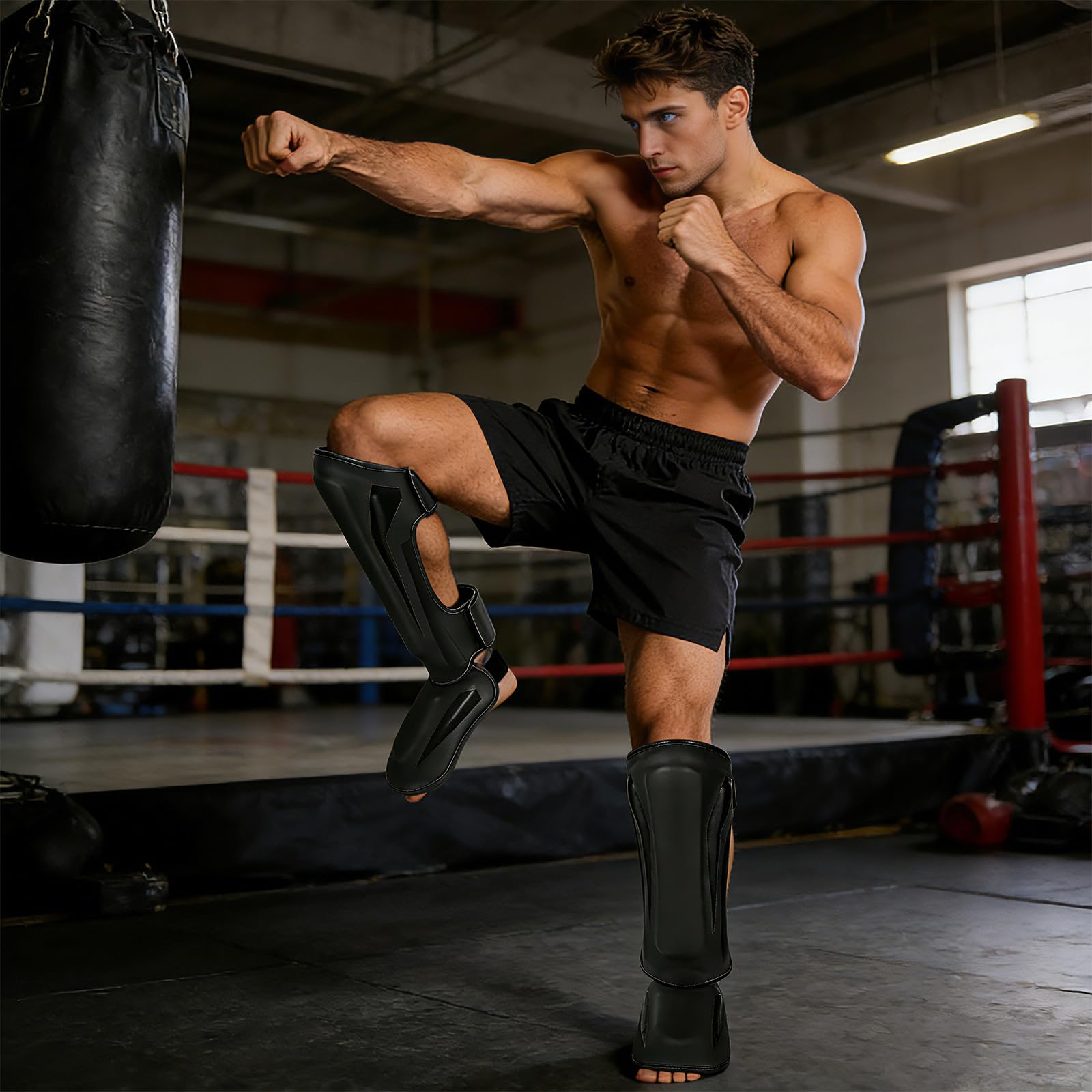 Schienbeinschoner Kickboxen Für Muay Thai Und MMA Erwachsene Mit Ristschutz Aus PU Leder Eva Polsterung Verstellbare Beinschützer Für Männer & Frauen Kampfsport Fussball Kickboxen Schienbeinschützer S