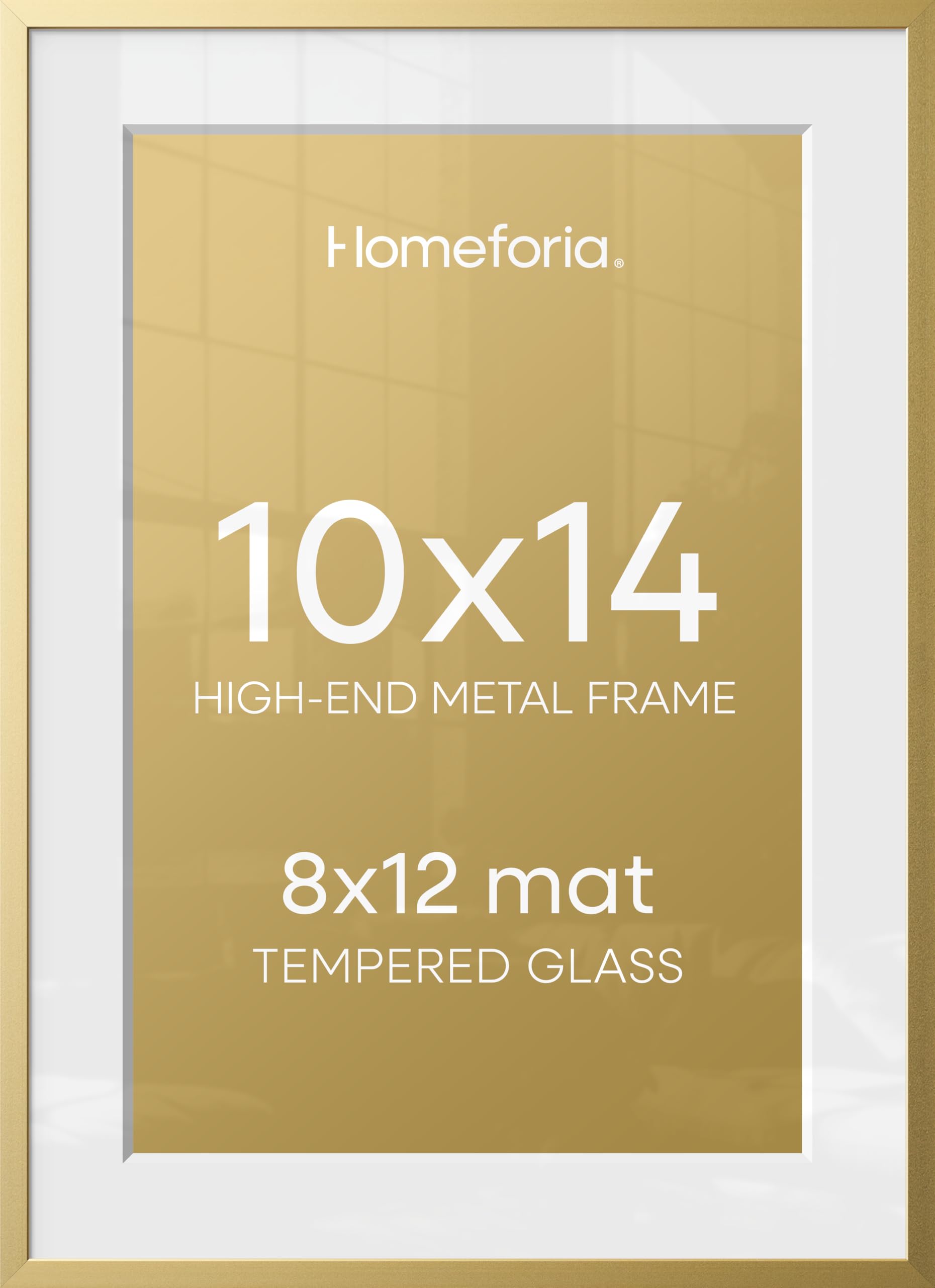 Homeforia 10x14 Gold Picture Frame, High-End Metal, 8x12 Mat, Glass | High End Aluminum, Tempered Glass, Acid-Free 8x12 Removable Mat, 10x14 in Edge-to-Edge Display 14x10, Wall Kit, Set Of 3