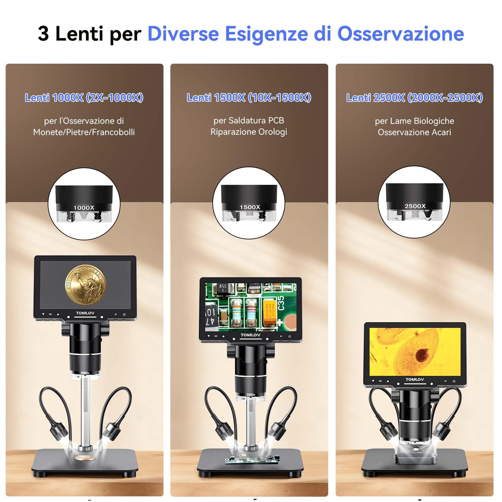 TOMLOV TriL107 Microscopio Digitale a 3 Lenti 7" 2K IPS, 2500X Ingrandimento per Monete e 14 LED, Microscopio di Saldatura con Supporto da 12,6" per Adulti, Compatibile con PC/TV, 64GB