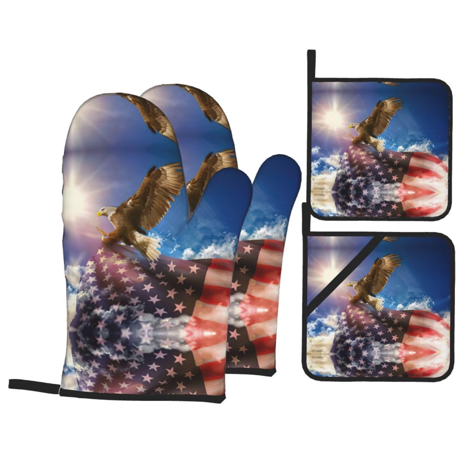 American USA Flag Eagle Art Print Stylish 4-Piece Microwaving Oven Waterproof Kitchen Gloves Baking Holiday Cooking