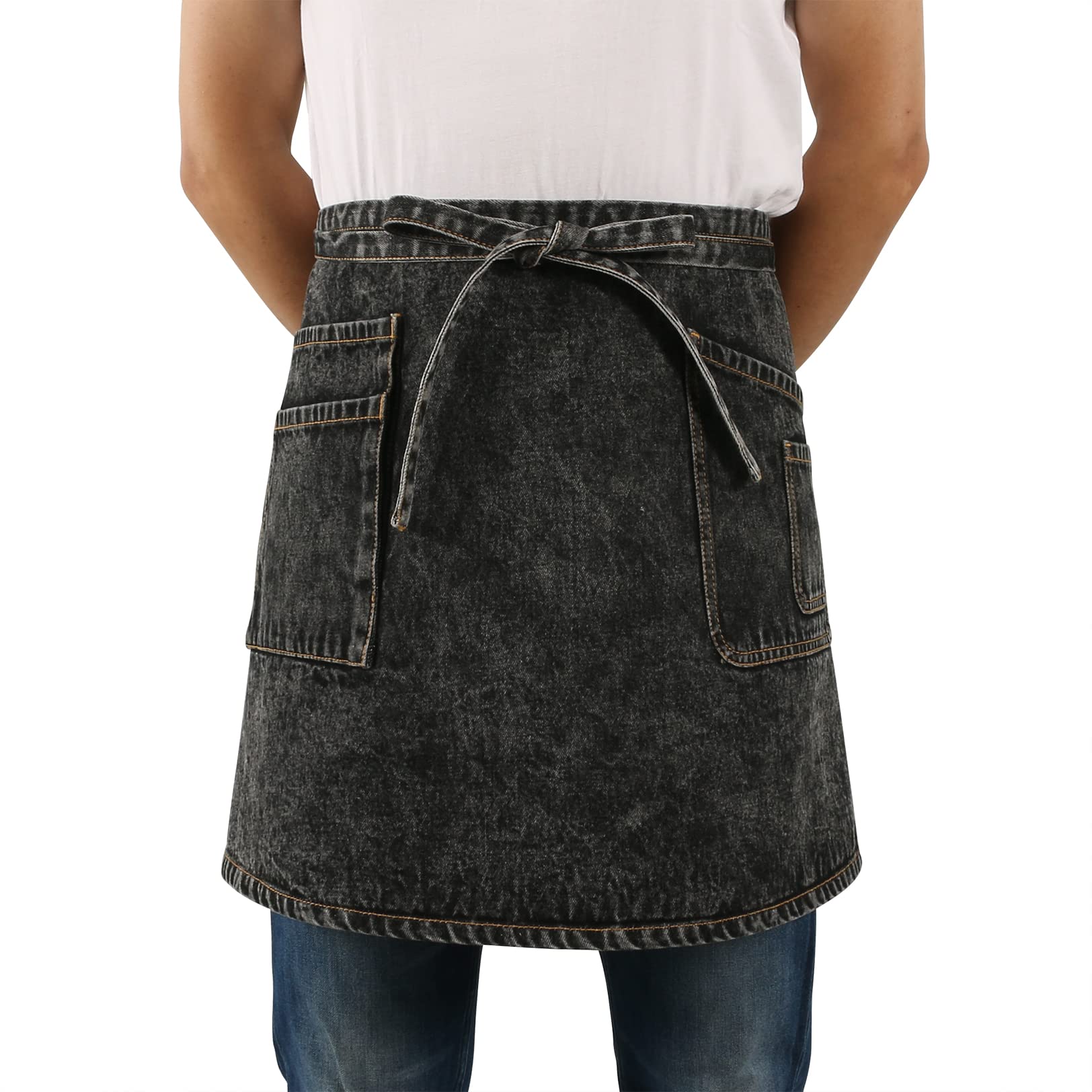 Jeanerlor Black Unisex Denim Apron for Home and Kitchen,Waist Apron with Pockets for Men Waitress, Gifts for Husband, Dad, Friends