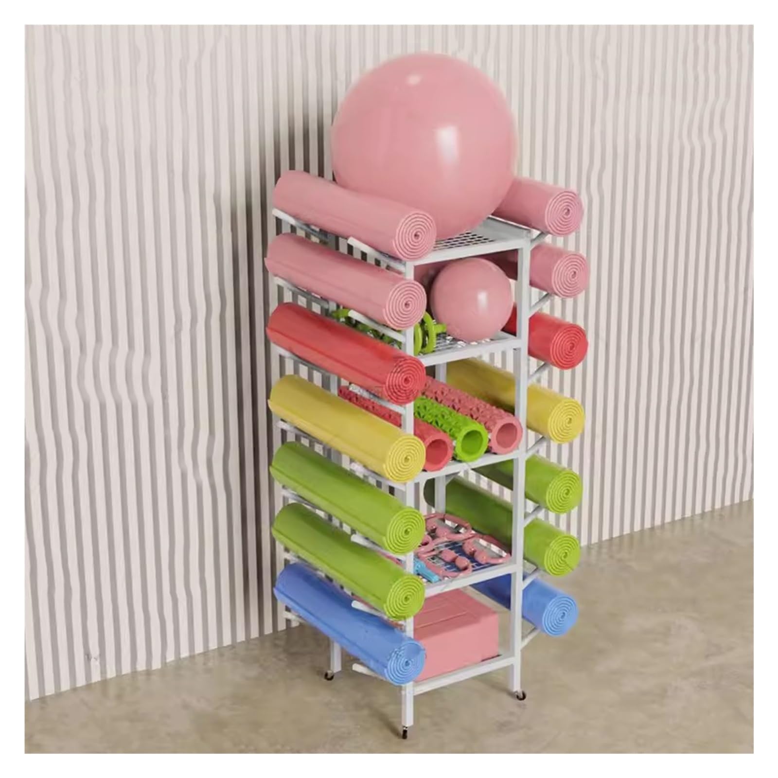 JYHHGDS 5-Tier Yoga Mat Storage Rack - Free Standing Home Gym Organizer for Yoga Blocks, Foam Rollers & Dumbbells - Rolling Cart for Commercial Fitness Equipment - White