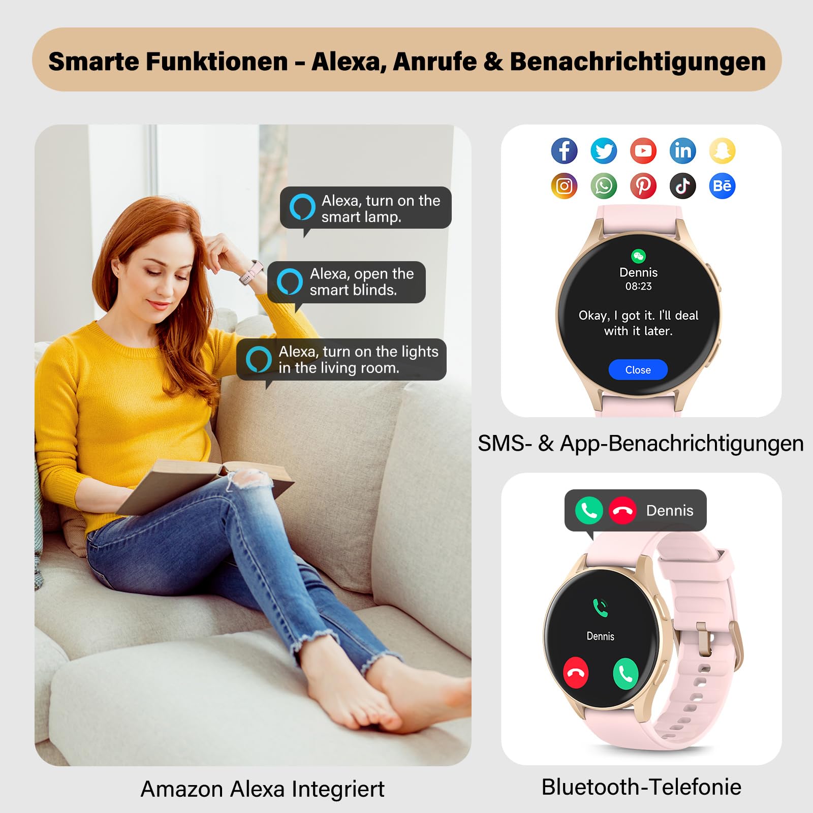 Smartwatch Damen Rosa mit GPS & Telefonfunktion, 1.32" AMOLED Fitness Tracker mit Alexa, 110+ Sportmodi, Pulsuhr/Schlafmonitor/Body Energy, 5ATM Wasserdicht, Sportuhr für iOS Android