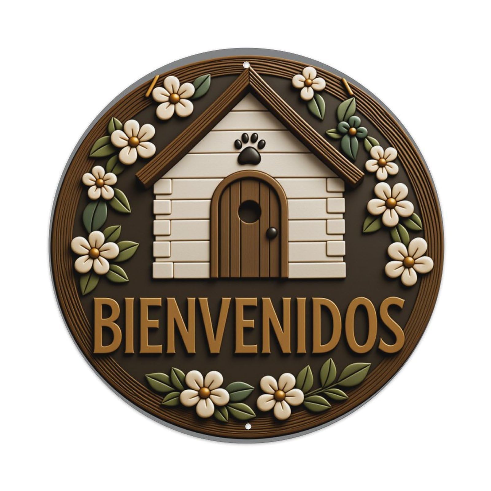 Dog House Floral Welcome Sign Round Tin Sign Vintage Style Metal Sign Home Bar Garden Wall Plaque Decor Metal Poster 8x8 Inch