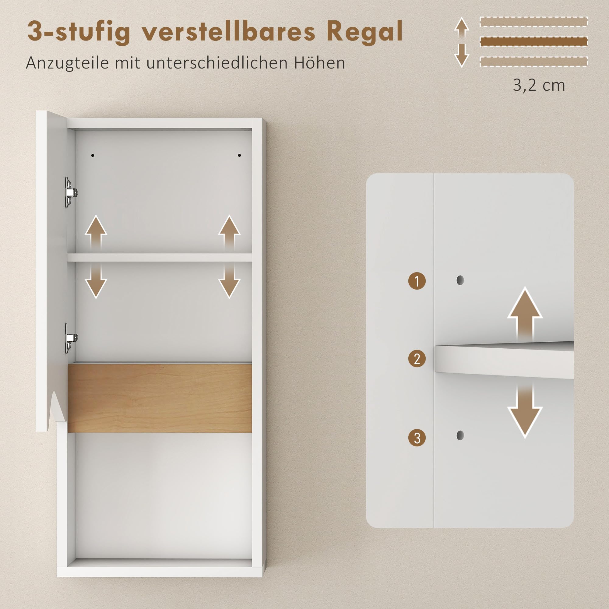 HOMCOM Badezimmerschrank Wandschrank Hängeschrank Badschrank mit Soft-Close-Tür, verstellbaren Ablagen und offenem Fach für Wohnzimmer Schlafzimmer 30 x 17 x 67 cm Weiß