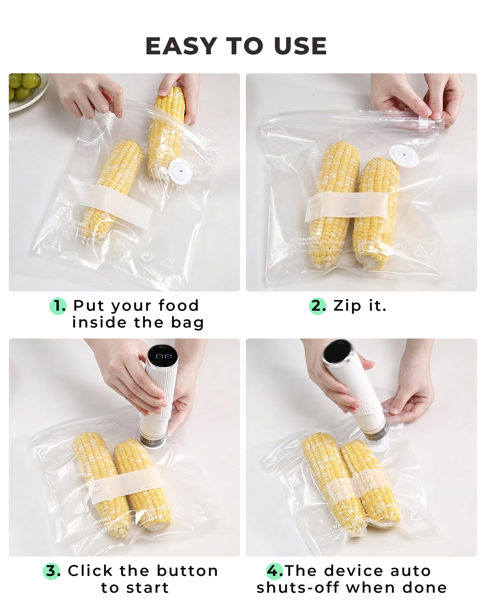 Sigillatrice sottovuoto compatta per alimenti (macchina sottovuoto + 30 sacchetti sottovuoto riutilizzabili) Potente sigillatrice sottovuoto portatile per alimenti con display a LED